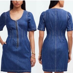 NWT! MADEWELL Denim Mini Dress Pleated  Scoop Neck Puff Sleeves Half Zip Size10